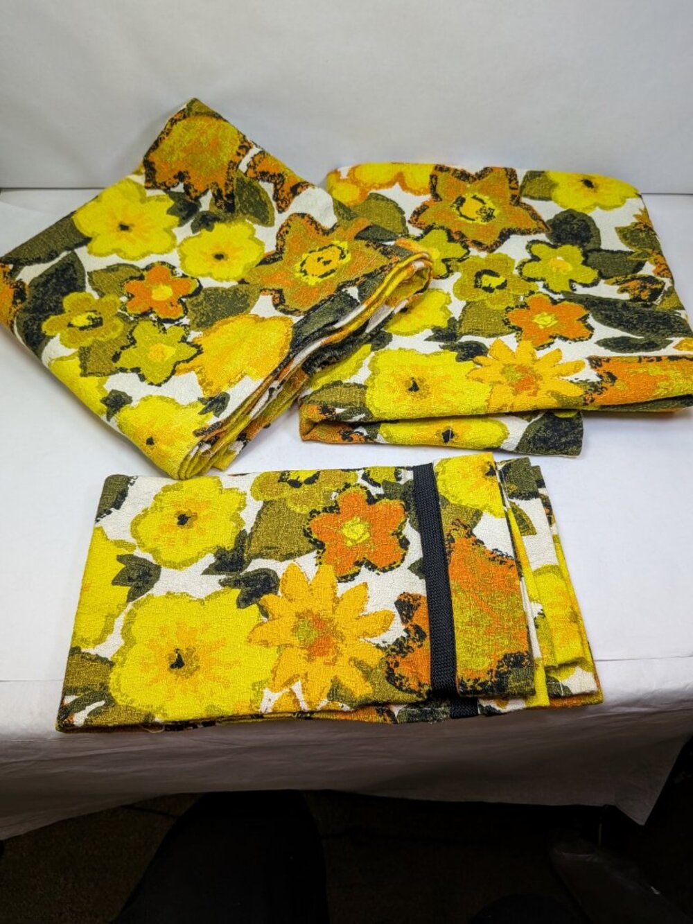 VTG 60s Barkcloth Curtain Panels Set Floral House N Home Chartreuse Yellow Olive
